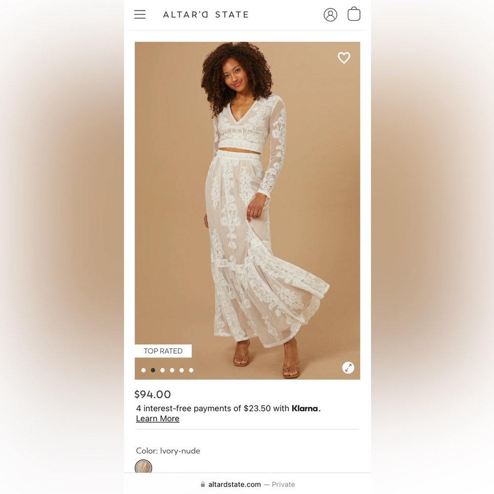NEW Altar’d state Arissa Embroidered Top & Maxi Skirt ivory two piece dress M